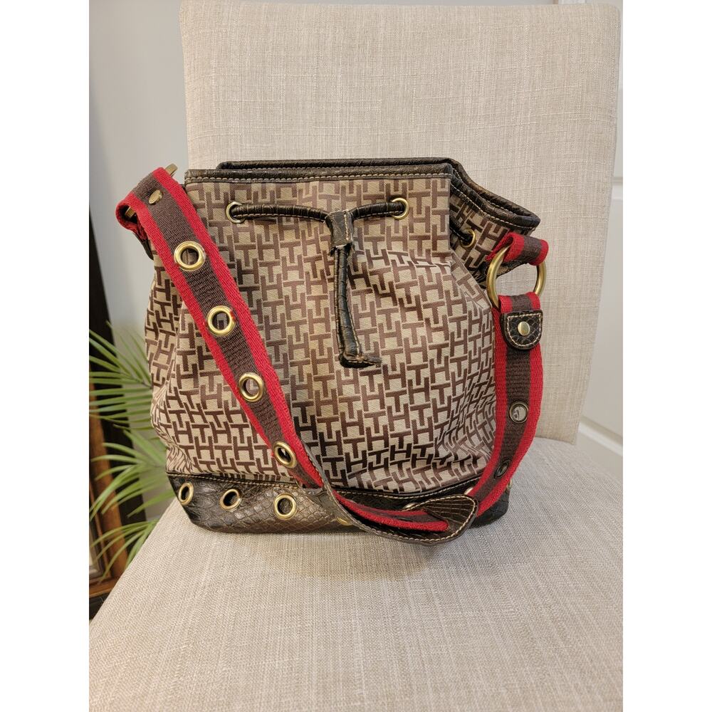 Tommy Hilfiger Monogram Drawstring Bucket Bag Snakeskin Print Grommet Crossbody - Picture 2 of 8